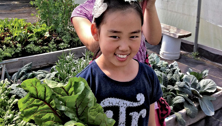 Young girl holding up swiss chard